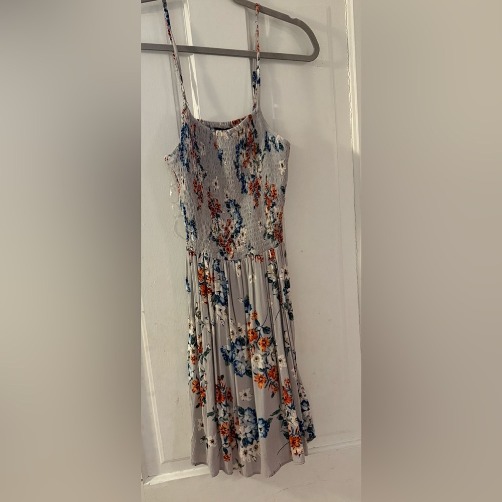 gray and floral dress